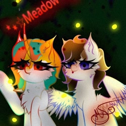 Size: 1080x1080 | Tagged: safe, artist:nel_liddell, oc, oc only, firefly (insect), insect, pegasus, pony, unicorn, bust, chest fluff, duo, eyelashes, horn, pegasus oc, raised hoof, signature, unicorn oc, waving, wings