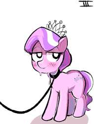 Size: 815x1072 | Tagged: safe, artist:duckoiii, diamond tiara, earth pony, pony, g4, blushing, collar, crown, jewelry, leash, pet play, regalia, solo, sweat, white pupils