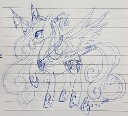 Size: 587x533 | Tagged: safe, artist:galaxy.in.mind, princess cadance, princess flurry heart, alicorn, pony, g4, curved horn, female, fusion, hoof shoes, horn, horn jewelry, jewelry, lineart, lined paper, mare, peytral, raised hoof, signature, solo, traditional art