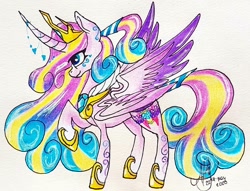 Size: 1080x824 | Tagged: safe, artist:galaxy.in.mind, princess cadance, princess flurry heart, alicorn, pony, g4, curved horn, female, fusion, hoof shoes, horn, horn jewelry, jewelry, mare, peytral, raised hoof, signature, solo, traditional art