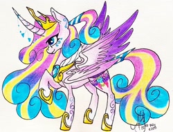 Size: 1080x824 | Tagged: safe, alternate version, artist:galaxy.in.mind, princess cadance, princess flurry heart, alicorn, pony, g4, curved horn, female, fusion, hoof shoes, horn, horn jewelry, jewelry, mare, peytral, raised hoof, signature, solo, traditional art