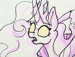 Size: 907x692 | Tagged: safe, artist:galaxy.in.mind, princess cadance, princess flurry heart, alicorn, pony, g4, bust, curved horn, female, fusion, glowing eyes, horn, lineart, mare, open mouth, solo, traditional art