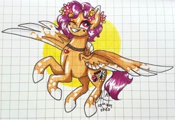 Size: 1080x743 | Tagged: safe, artist:galaxy.in.mind, oc, oc only, pegasus, pony, coat markings, female, flower, flower in hair, flying, graph paper, grin, jewelry, mare, necklace, one eye closed, pegasus oc, signature, smiling, socks (coat markings), solo, traditional art, wings, wink