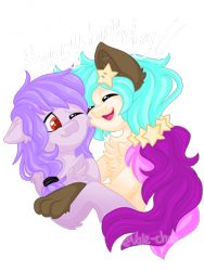 Size: 1080x1440 | Tagged: safe, artist:silentwolf-oficial, oc, oc only, dog, dog pony, pony, chest fluff, duo, eyes closed, happy birthday, one eye closed, open mouth, paws, signature, simple background, smiling, transparent background, wink