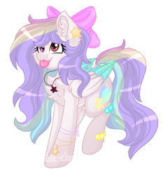 Size: 1080x1160 | Tagged: safe, artist:silentwolf-oficial, oc, oc only, oc:candy star, pegasus, pony, :p, bow, chest fluff, ear fluff, hair bow, jewelry, multicolored hair, necklace, pegasus oc, rainbow hair, simple background, solo, tongue out, transparent background, two toned wings, wings