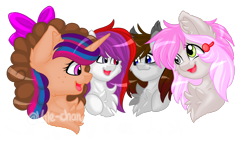 Size: 1920x1080 | Tagged: safe, artist:silentwolf-oficial, oc, oc only, oc:pandita, pony, unicorn, bow, bust, chest fluff, eyelashes, group, hair bow, heterochromia, horn, open mouth, simple background, smiling, transparent background, unicorn oc