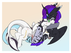 Size: 3700x2788 | Tagged: source needed, safe, artist:beardie, oc, oc:yiazmat, draconequus, cuddling, draconequus oc, high res, horns, hug, tail