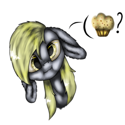 Size: 1000x1000 | Tagged: safe, artist:11-shadow, derpy hooves, pegasus, pony, g4, big ears, bust, female, floppy ears, food, muffin, question mark, simple background, solo, that pony sure does love muffins, transparent background