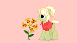 Size: 480x272 | Tagged: safe, oc, oc only, oc:milli, earth pony, pony, animated, clothes, earth pony oc, eponafest, female, food, gif, jacket, mare, pizza, ponytail, simple background, smiling, sniffing, solo