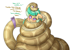 Size: 3800x2600 | Tagged: safe, artist:fluffyxai, oc, oc:anika, oc:summer ray, pony, snake, blushing, coiling, coils, drool, forked tongue, high res, hypnotized, kaa eyes, mind control, relaxed, simple background, speech, talking, text, tongue out, transparent background, wrapped up