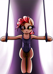 Size: 5906x8268 | Tagged: safe, artist:jetwave, oc, oc only, oc:dala vault, earth pony, pony, absurd resolution, bipedal, clothes, dramatic lighting, earth pony oc, frog (hoof), gymnastic rings, gymnastics, iron cross, leotard, looking at you, solo, sweat, sweatdrop, thighs, underhoof