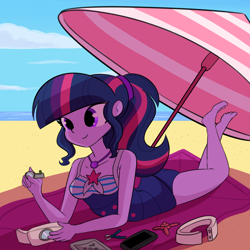 Size: 3375x3375 | Tagged: safe, artist:tjpones, sci-twi, twilight sparkle, equestria girls, barefoot, beach, beach shorts swimsuit, beach towel, beach umbrella, breasts, busty twilight sparkle, clothes, cute, drone, feet, female, lying down, missing accessory, no glasses, one-piece swimsuit, selfie drone, sleeveless, smiling, solo, swimsuit, the pose, twiabetes, twilight sparkes' beach shorts swimsuit