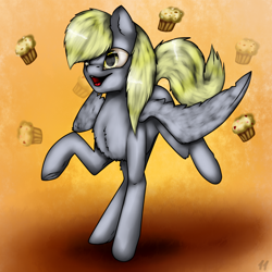 Size: 1000x1000 | Tagged: safe, artist:11-shadow, derpy hooves, pegasus, pony, g4, female, food, muffin, open mouth, raised hoof, solo, that pony sure does love muffins