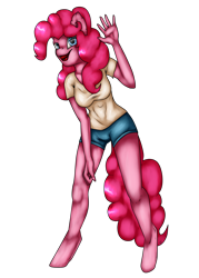 Size: 1500x2100 | Tagged: safe, artist:11-shadow, pinkie pie, anthro, unguligrade anthro, g4, clothes, female, open mouth, shorts, simple background, solo, transparent background, waving