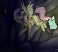 Size: 1000x900 | Tagged: safe, artist:11-shadow, fluttershy, butterfly, pegasus, pony, g4, butt, cave, female, plot, solo