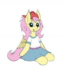Size: 2008x2400 | Tagged: safe, artist:wapamario63, gameloft, fluttershy, pegasus, pony, g4, 90s grunge fluttershy, alternate hairstyle, backwards ballcap, baseball cap, cap, clothes, female, gameloft interpretation, hat, high res, looking at you, mare, shirt, simple background, sitting, skirt, solo