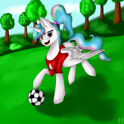 Size: 1700x1700 | Tagged: safe, artist:11-shadow, princess celestia, alicorn, pony, g4, alternate hairstyle, clothes, female, football, open mouth, ponytail, shirt, solo, sports, tree