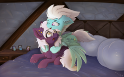 Size: 3840x2400 | Tagged: safe, artist:nighty, fleetfoot, oc, oc:nighty cloud, pegasus, pony, g4, bed, bedroom, blushing, canon x oc, chest fluff, commissioner:fleetfoot, cuddling, cute, duo, ear piercing, earring, female, fireplace, fleetnight, fluffy, frog (hoof), happy, high res, hug, jewelry, lesbian, looking at each other, lying down, mare, night, nightstand, on top, one eye closed, open mouth, piercing, pillow, prone, shipping, signature, surprised, tail fluff, underhoof, wings