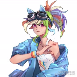 Size: 1909x1909 | Tagged: dead source, safe, artist:刚过千粉的噬云轩, kotobukiya, rainbow dash, human, g4, female, goggles, humanized, kotobukiya rainbow dash, ponytail, solo, sweatband