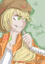 Size: 960x1358 | Tagged: dead source, safe, artist:刚过千粉的噬云轩, applejack, human, g4, applejack's hat, arm wraps, clothes, cowboy hat, female, hat, humanized, solo