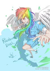 Size: 960x1358 | Tagged: dead source, safe, artist:刚过千粉的噬云轩, rainbow dash, human, g4, clothes, female, humanized, socks, solo, winged humanization, wings