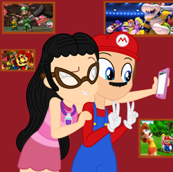 Size: 1628x1616 | Tagged: safe, artist:user15432, artist:yaya54320bases, oc, oc:aaliyah, birdo, human, koopa troopa, equestria girls, g4, aaliyah, amulet, barely eqg related, base used, boo (super mario), bowser, bowser jr, cap, clothes, crossover, donkey kong, equestria girls style, equestria girls-ified, glasses, gloves, golf, green toad, hat, jewelry, long sleeved shirt, long sleeves, luigi, male, mario, mario & sonic, mario & sonic at the olympic games, mario & sonic at the olympic winter games, mario and sonic, mario and sonic at the olympic games, mario bros., mario golf toadstool tour, mario strikers, mario strikers charged, mario super sluggers, mario's hat, monty mole, necklace, nintendo, olympic games, olympic winter games, olympics, one eye closed, overalls, peace sign, phone, princess daisy, princess peach, selfie, shirt, sports, super mario bros., super mario strikers, toad (mario bros), undershirt, waluigi, wario, wink, winter olympic games, winter olympics
