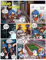 Size: 1000x1294 | Tagged: safe, artist:nauyaco, rainbow dash, human, comic:blue is the new orange, g4, bound wings, chained, clothes, comic, crossover, cuffs, hand, knife, prison, prison outfit, prisoner rd, running track, shackles, sonic the hedgehog, sonic the hedgehog (series), sonic vs rainbow dash, wings