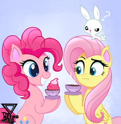 Size: 2100x2151 | Tagged: safe, artist:theretroart88, angel bunny, fluttershy, pinkie pie, earth pony, pegasus, pony, rabbit, g4, :i, animal, cup, food, frosting, high res, pinkie being pinkie, question mark, smiling, sprinkles, tea, teacup