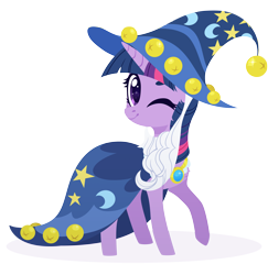 Size: 4000x4107 | Tagged: safe, artist:belka-sempai, twilight sparkle, pony, unicorn, g4, luna eclipsed, absurd resolution, clothes, costume, cute, female, hat, looking at you, mare, nightmare night costume, one eye closed, simple background, solo, star swirl the bearded costume, transparent background, twiabetes, unicorn twilight, wink, wizard hat