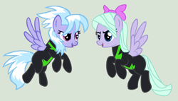 Size: 2210x1264 | Tagged: safe, artist:jadeharmony, artist:melodysweetheart, cloudchaser, flitter, pegasus, pony, g4, base used, bow, clothes, female, flying, gray background, hair bow, mare, open mouth, raised hoof, raised leg, siblings, simple background, sisters, the washouts, twins, uniform, washouts uniform