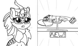 Size: 2020x1200 | Tagged: safe, artist:soctavia, cinder glow, summer flare, kirin, g4, angle grinder, big eyes, dialogue, female, in awe, mare, marewaukee, open mouth, power tools, sketch, solo, want, wip, woah