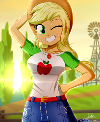 Size: 1784x2163 | Tagged: safe, artist:the-butch-x, applejack, human, equestria girls, equestria girls series, g4, applejack's hat, belt, blonde hair, breasts, busty applejack, clothes, collar, cowboy hat, cute, cutie mark, cutie mark on clothes, denim skirt, female, fence, freckles, geode of super strength, grin, hand on hip, hat, jackabetes, jewelry, looking at you, magical geodes, necklace, one eye closed, rework, shirt, signature, skirt, smiling, smiling at you, solo, sun, sunset, sweat, sweatdrop, sweatdrops, t-shirt, teenager, tree, windmill, wink, winking at you, yellow hair