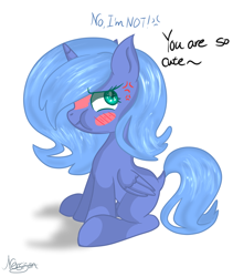 Size: 804x953 | Tagged: source needed, safe, artist:nersigon, princess luna, alicorn, pony, g4, blatant lies, blush sticker, blushing, cross-popping veins, cute, dock, female, filly, folded wings, horn, i'm not cute, pouting, puffy cheeks, s1 luna, simple background, sitting, tsundere, tsunderuna, wings, woona, younger