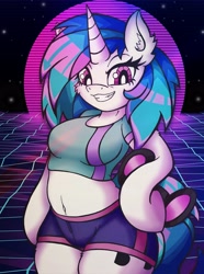 Size: 3041x4096 | Tagged: safe, alternate version, artist:canvymamamoo, dj pon-3, vinyl scratch, unicorn, anthro, g4, aesthetics, arm hooves, belly button, breasts, busty vinyl scratch, clothes, ear fluff, female, holding, looking down, mare, retrowave, shirt, shorts, smiling, solo, sunglasses, synthwave