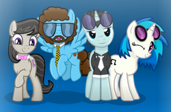 Size: 2205x1440 | Tagged: safe, artist:grapefruitface1, dj pon-3, neon lights, octavia melody, rising star, vinyl scratch, oc, oc:electric light (jeff lynne pony), pony, g4, band, base used, bowtie, clothes, electric light orchestra, equestria light orchestra, facial hair, floating, group, jeff lynne, looking at you, music, necktie, one eye closed, ponified, show accurate, smiling, wink