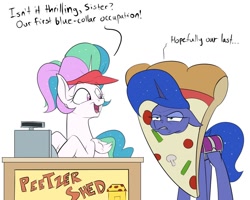Size: 1280x1024 | Tagged: safe, artist:rocket-lawnchair, princess celestia, princess luna, alicorn, pony, g4, advertising, clothes, costume, female, food, food costume, luna is not amused, open mouth, peetzer, pizza, pizza costume, siblings, sisters, unamused, visor, working