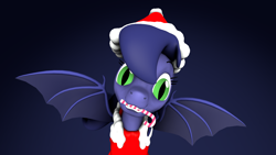 Size: 1280x720 | Tagged: safe, artist:batponyecho, oc, oc only, oc:halfmoon, bat pony, pony, 3d, bat pony oc, bat wings, candy, candy cane, christmas, clothes, costume, female, food, hat, holiday, looking at you, mare, mouth hold, santa costume, santa hat, simple background, solo, source filmmaker, spread wings, wings