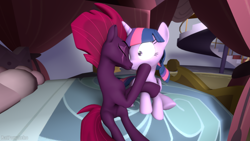 Size: 1280x720 | Tagged: safe, alternate version, artist:batponyecho, tempest shadow, twilight sparkle, alicorn, pony, unicorn, g4, 3d, bed, bedroom, broken horn, duo, eye scar, eyes closed, female, horn, kissing, lesbian, looking at each other, mare, open mouth, pillow, scar, ship:tempestlight, shipping, shocked, sitting, source filmmaker, tail, twilight sparkle (alicorn), wings