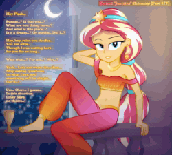 Size: 1200x1080 | Tagged: safe, artist:randomtriples, artist:randomtriples full-size, sunset shimmer, equestria girls, g4, aladdin, animated, barefoot, bedroom eyes, belly button, blushing, breasts, clothes, cosplay, costume, disney, disney princess, explicit source, feet, female, goblet, implied flash sentry, implied flashimmer, implied shipping, implied straight, legs, lidded eyes, light, looking at you, moments before disaster, moon, night, no sound, palace, perfect loop, princess jasmine, sexy, show accurate, solo, subtitles, webm