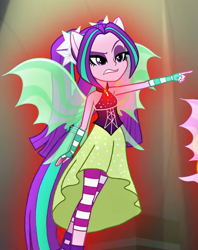 Size: 821x1039 | Tagged: safe, screencap, aria blaze, equestria girls, g4, my little pony equestria girls: rainbow rocks, clothes, cropped, dress, female, fin wings, gem, pointing, ponied up, siren gem, sleeveless, solo, welcome to the show, wings