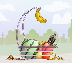 Size: 1827x1609 | Tagged: safe, alternate version, artist:dsp2003, apple, banana, banana peel, cloud, commission, food, fruit, fruit basket, kiwi fruit, mango, no pony, orange, pineapple, signature, watermelon