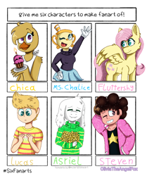 Size: 818x977 | Tagged: safe, artist:oliviatheangelfox, fluttershy, bird, chicken, gem (race), goat, human, hybrid, pegasus, pony, robot, anthro, g4, animatronic, anthro with ponies, asriel dreemurr, bust, chica, clothes, crossover, cupcake, cuphead, earthbound, female, five nights at freddy's, flower, food, grin, looking back, lucas, male, mare, mother 3, ms. chalice, one eye closed, plate, six fanarts, skirt, smiling, spoilers for another series, steven quartz universe, steven universe, steven universe future, undertale, wink