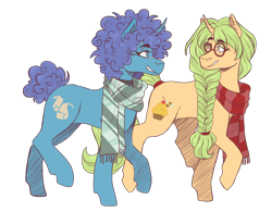 Size: 3400x2650 | Tagged: safe, artist:monnarcha, oc, oc only, oc:cyanus blues, oc:honey nevaeh, pony, unicorn, afro, choker, clothes, cutie mark, duo, female, glasses, hair tie, high res, horn, looking at each other, mare, scar, scarf, simple background, tail wrap, transparent background