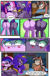 Size: 1800x2740 | Tagged: safe, artist:candyclumsy, oc, oc:king speedy hooves, oc:princess luminescent love, oc:princess morning star, alicorn, pony, comic:the fusion flashback 2, alicorn princess, angry, basement, blushing, butt, butt expansion, canterlot, canterlot castle, chamber, comic, commissioner:bigonionbean, cutie mark, embarrassed, ethereal mane, extra thicc, flank, flashback, forced, fusion, fusion:big macintosh, fusion:flash sentry, fusion:princess cadance, fusion:princess celestia, fusion:princess luna, fusion:shining armor, fusion:trouble shoes, fusion:twilight sparkle, growth, jewelry, magic, meme, merge, plot, royalty, secret room, shocked, surprised, swelling, the ass was fat, writer:bigonionbean