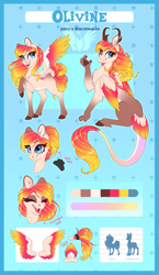 Size: 2481x4272 | Tagged: safe, artist:silkensaddle, oc, oc only, oc:olivine, draconequus, pegasus, pony, butt, color palette, dock, draconequified, draconequus oc, fangs, featureless crotch, female, generic pony, leonine tail, looking back, mare, open mouth, plot, reference sheet, size comparison, species swap, wings