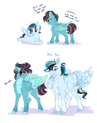 Size: 1944x2466 | Tagged: safe, artist:silkensaddle, oc, oc only, pegasus, pony, alternate universe, chest fluff, dialogue, duo, female, looking at each other, male, next generation, simple background, two toned wings, white background, wings