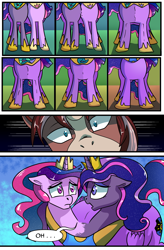 Size: 1800x2740 | Tagged: safe, artist:candyclumsy, oc, oc:king speedy hooves, oc:princess luminescent love, oc:princess morning star, oc:queen galaxia (bigonionbean), alicorn, pony, comic:the fusion flashback 2, alicorn princess, basement, canterlot, canterlot castle, chamber, comic, commissioner:bigonionbean, concerned, cutie mark, embarrassed, ethereal mane, flashback, forced, fusion, fusion:big macintosh, fusion:flash sentry, fusion:princess cadance, fusion:princess celestia, fusion:princess luna, fusion:shining armor, fusion:trouble shoes, fusion:twilight sparkle, jewelry, magic, merge, merging, royalty, shocked, surprised, swelling, writer:bigonionbean