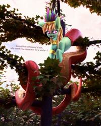 Size: 1469x1836 | Tagged: safe, artist:ampderg, oc, oc only, oc:chieftess muyal, lamia, original species, female, headdress, looking at you, solo, tree