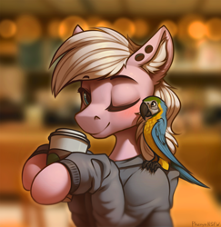 Size: 2910x3000 | Tagged: safe, artist:phenya, oc, oc only, oc:feather spread, bird, macaw, parrot, pony, animal, blurry background, clothes, coffee, coffee cup, cup, duo, ear fluff, folded wings, high res, hoodie, looking at you, male, one eye closed, signature, smiling, solo focus, wings, wink