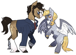 Size: 2000x1449 | Tagged: safe, artist:vintage-owll, derpy hooves, doctor whooves, time turner, earth pony, pony, g4, alternate design, clothes, female, male, ship:doctorderpy, shipping, simple background, straight, white background